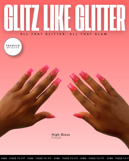 Glitz Like Glitter Pink Glitter Medium Square Handmade Hard Gel Press-On Nails | 10PCS Reusable Salon Quality | Petite, Standard, Wide Fit