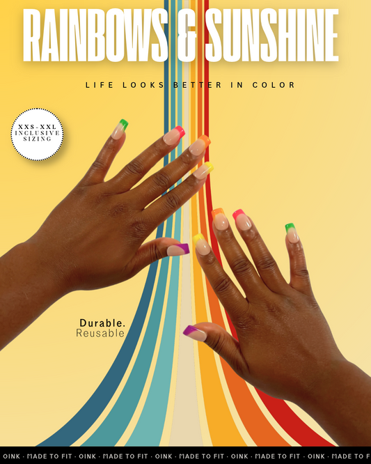 Rainbows & Sunshine Neon French Tip Medium Square Handmade Hard Gel Press-On Nails | 10PCS Reusable Salon Quality | Petite, Standard, Wide Fit