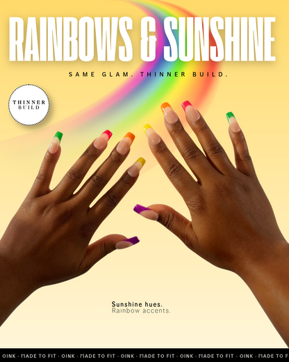 Rainbows & Sunshine Neon French Tip Long Square Thinner Build Handmade Press-On Nails | 10PCS Reusable Salon Quality | Petite, Standard, Wide Fit