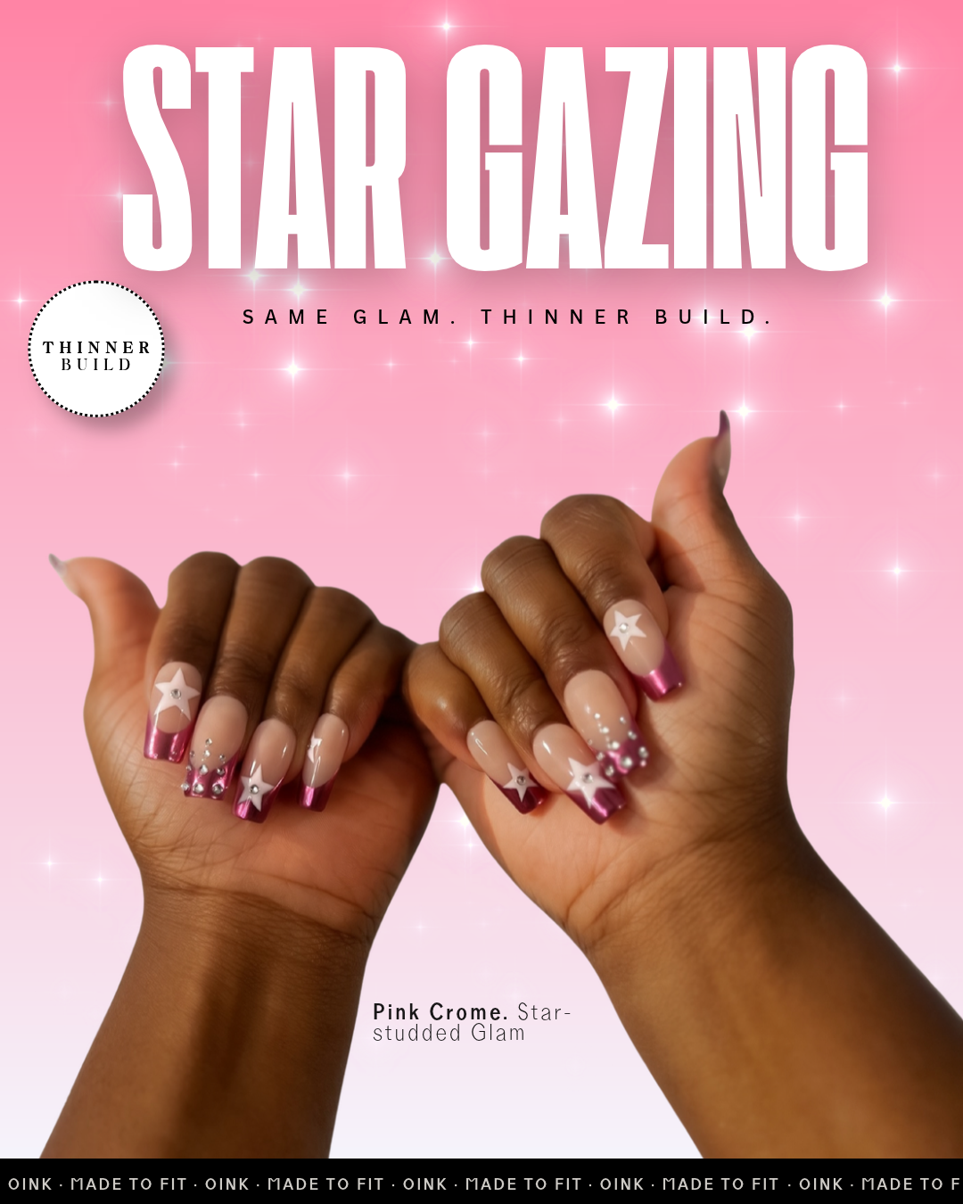 Star Gazing Pink Chrome French Tip Long Square Thinner Build Handmade Press-On Nails | 10PCS Reusable Salon Quality | Petite, Standard, Wide Fit